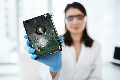 Buy stock photo Technology, hands and woman in lab with hardware for cpu maintenance, repair or engineering. IT, research and electronic technician checking hard drive development, innovation and computer production