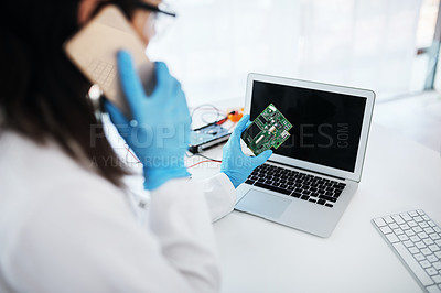 Buy stock photo Phone, engineer and woman in lab with hardware for laptop maintenance, repair or technology. IT, research and electronic technician checking motherboard development, innovation and call on smartphone