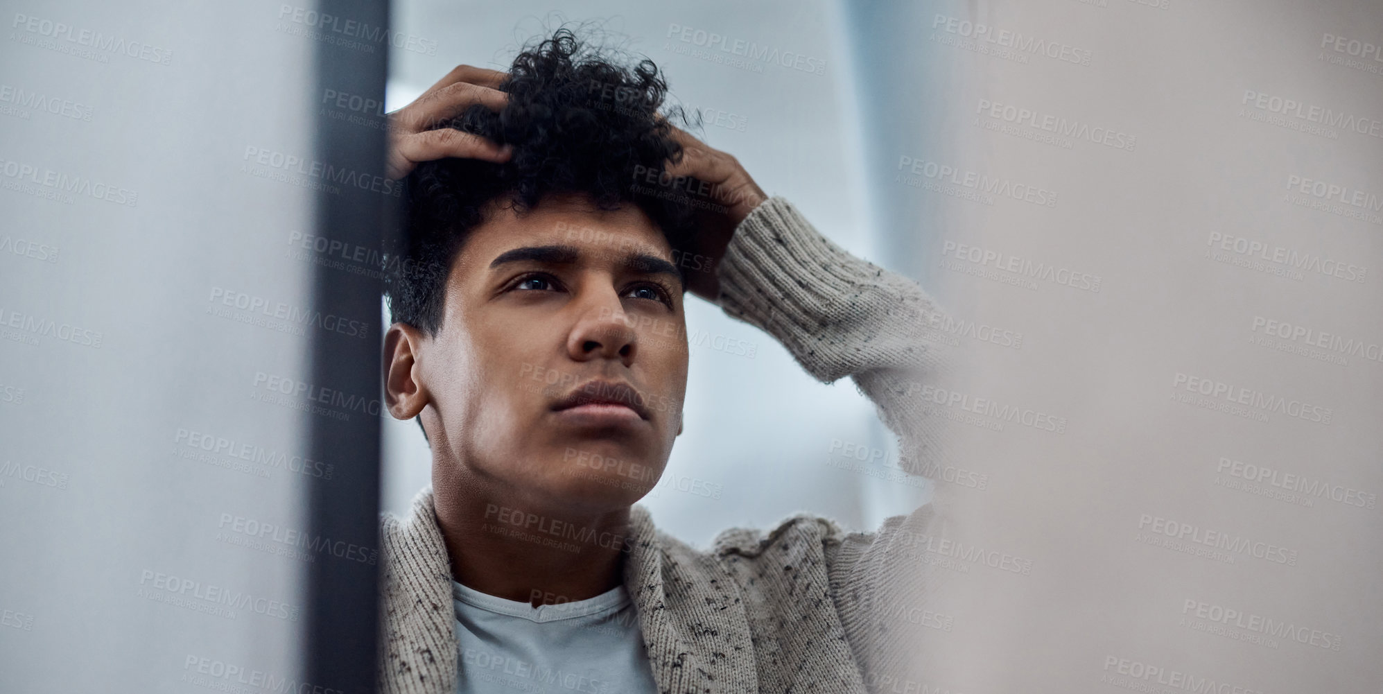 Buy stock photo Getting ready, hair and mirror with teen boy in home for morning routine or start of day. Concentration, curly and reflection of person in apartment for checking appearance of daily grooming