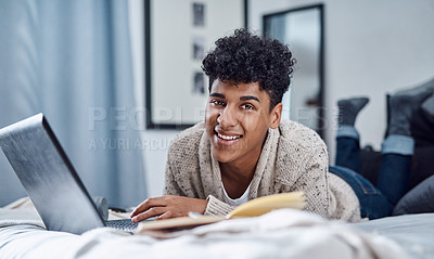 Buy stock photo Portrait, man and relax on laptop at house for reading email, university information and planning schedule. Male student, online and communication of education, learning research and studying website