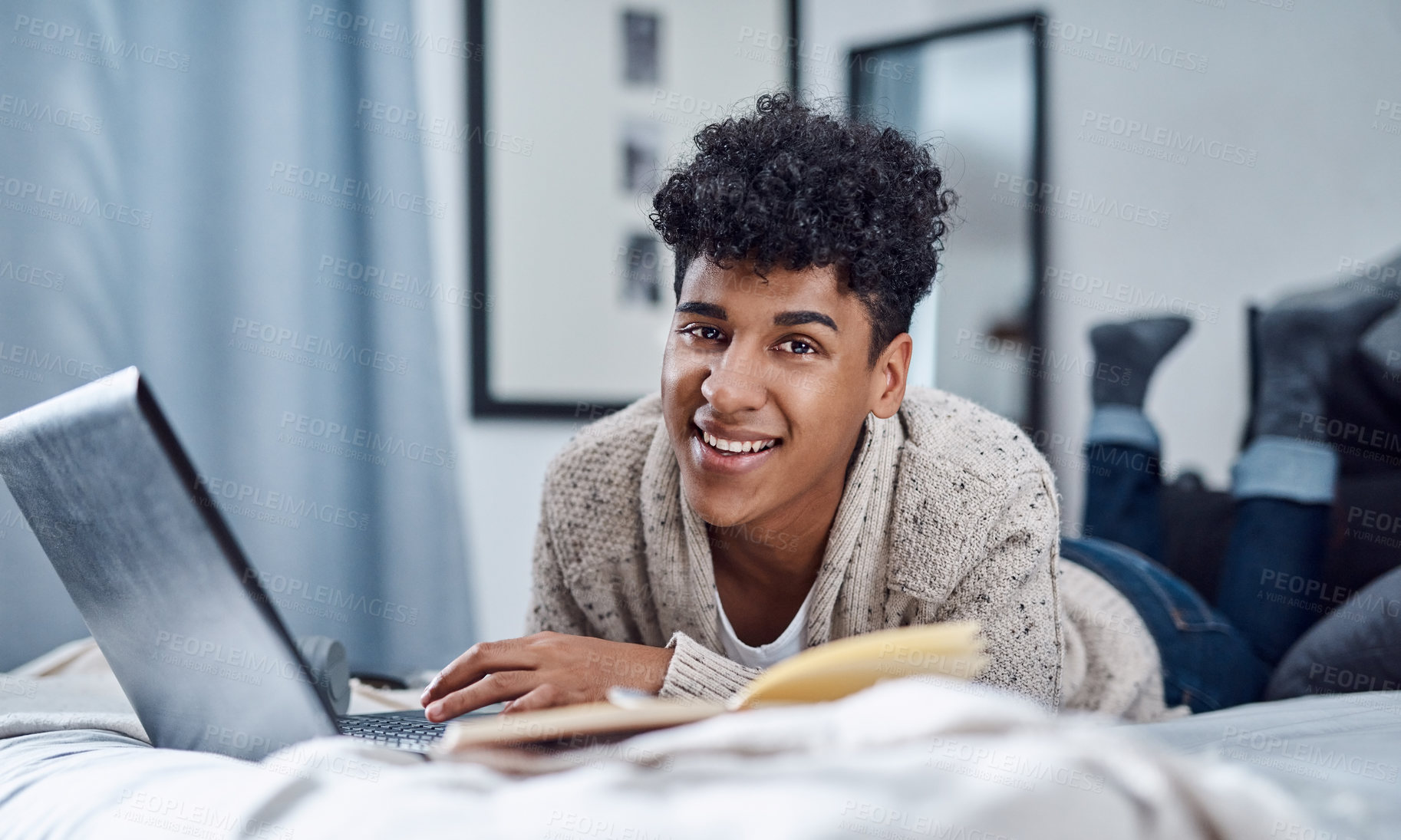 Buy stock photo Portrait, man and relax on laptop at house for reading email, university information and planning schedule. Male student, online and communication of education, learning research and studying website