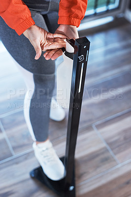 Buy stock photo Woman, hands and sanitizer at gym, cleaning and disinfectant to remove bacteria at fitness center. Female person, antibacterial and hygiene dispenser at public facility, athlete and germ protection