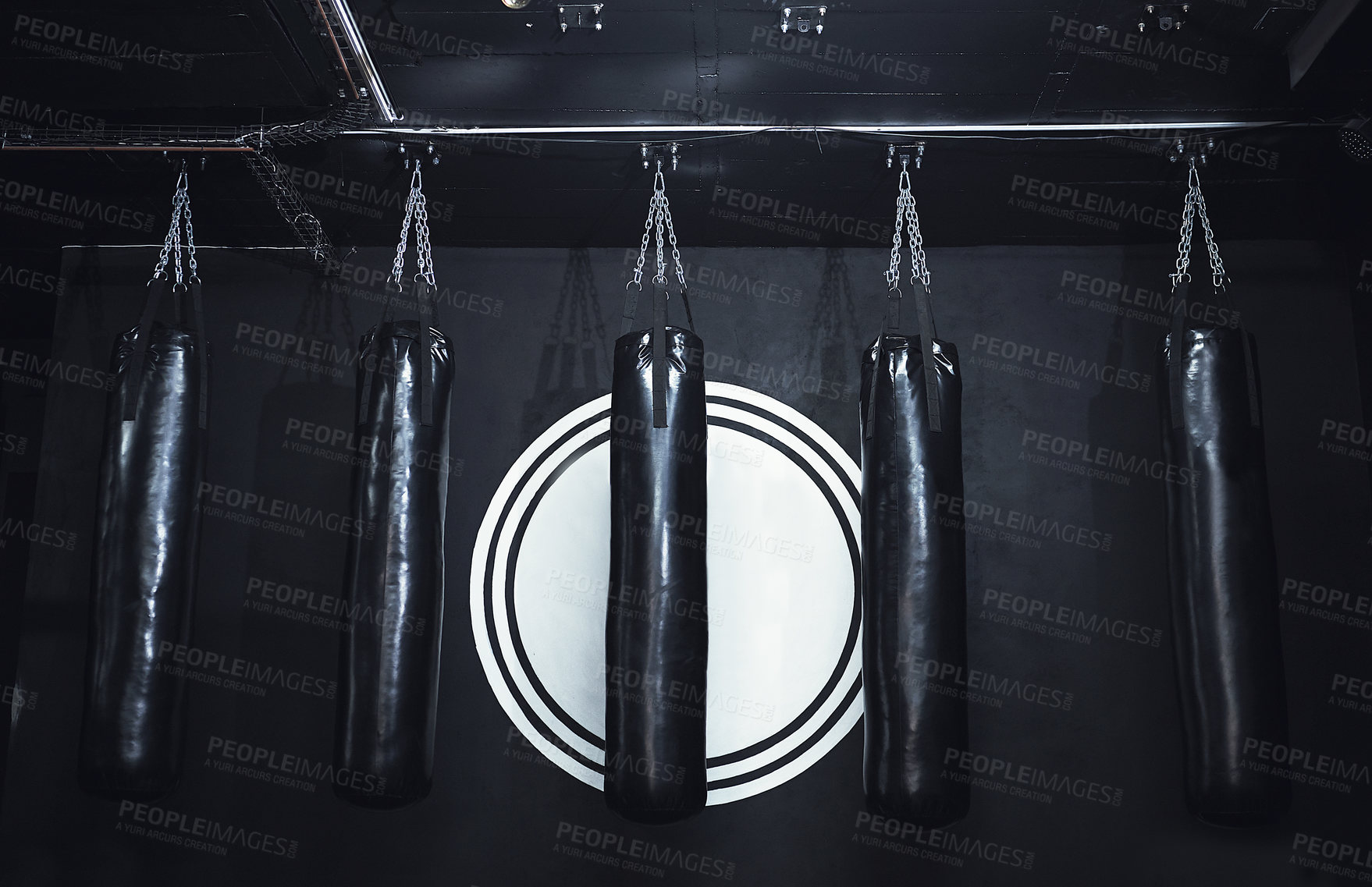 Buy stock photo Still life shot of a row of punching bags in a gym