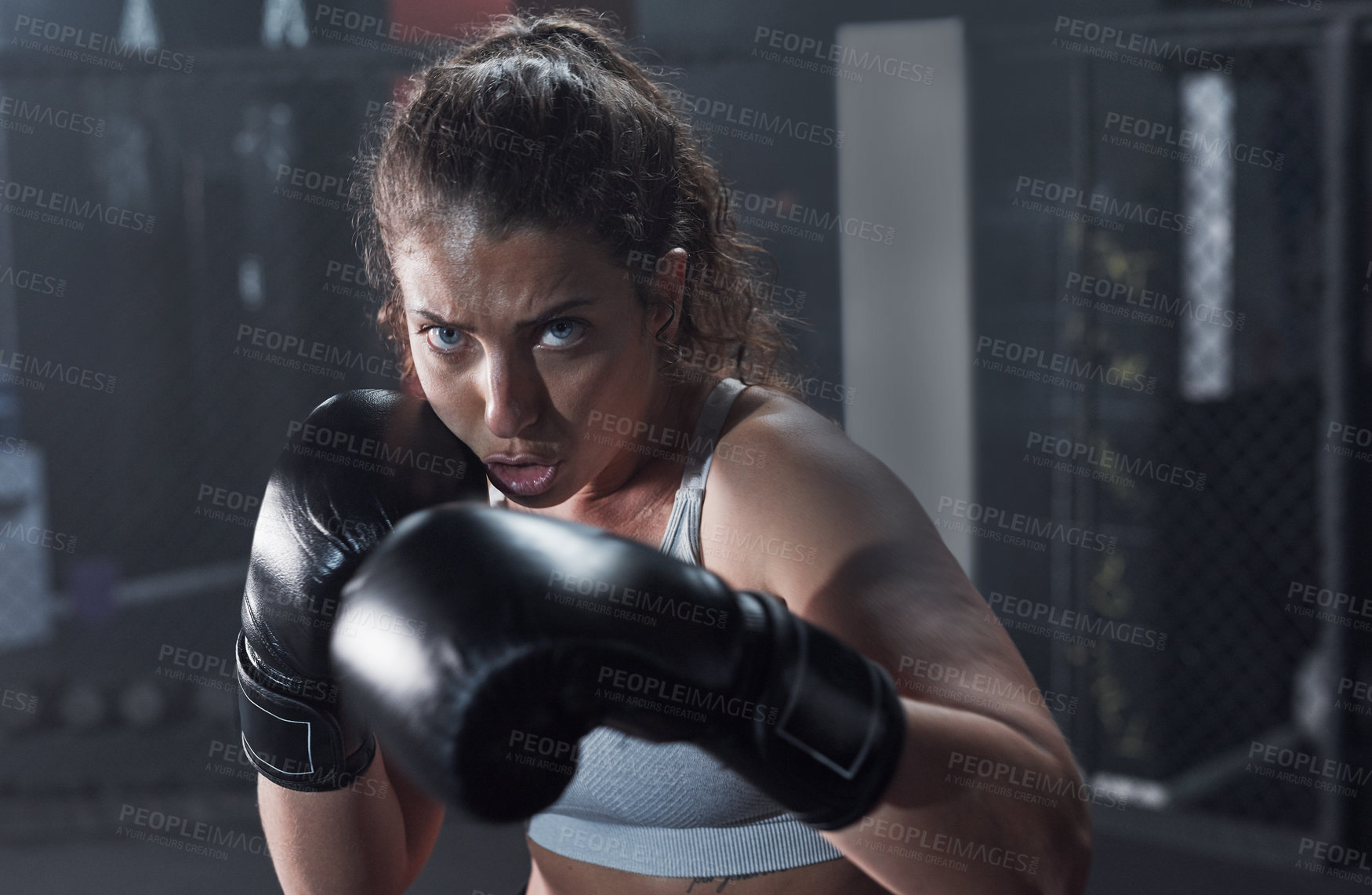 Buy stock photo Gym, woman and portrait with fist for boxing, mma workout and preparation for fight competition. Fitness club, female person and boxer with gloves for punch, resilience and combat training for match