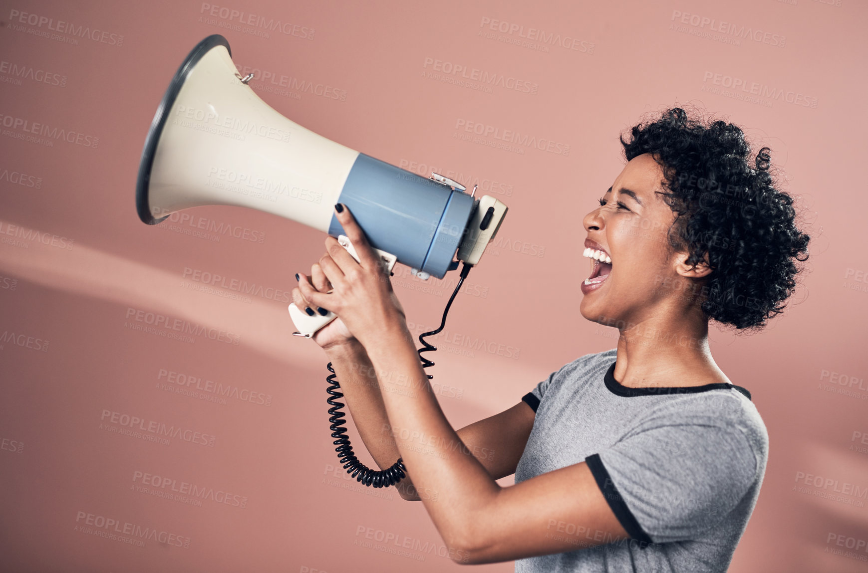 Buy stock photo Studio, protest and woman with megaphone for voice, leadership or communication for message. Courage, female person or activist with vocal for opinion, speaker or freedom of speech by pink background