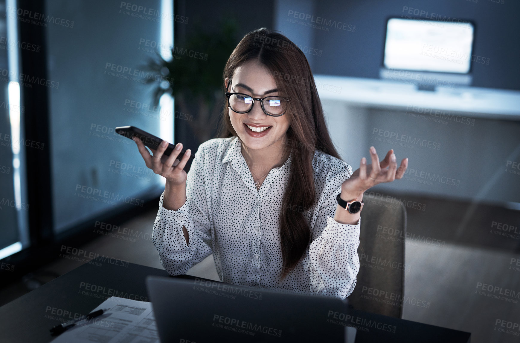 Buy stock photo Corporate, woman and phone call with laptop at night of communication, voice chat and finance schedule. Female accountant, mobile and speaker for speech recording, project feedback and audio deadline