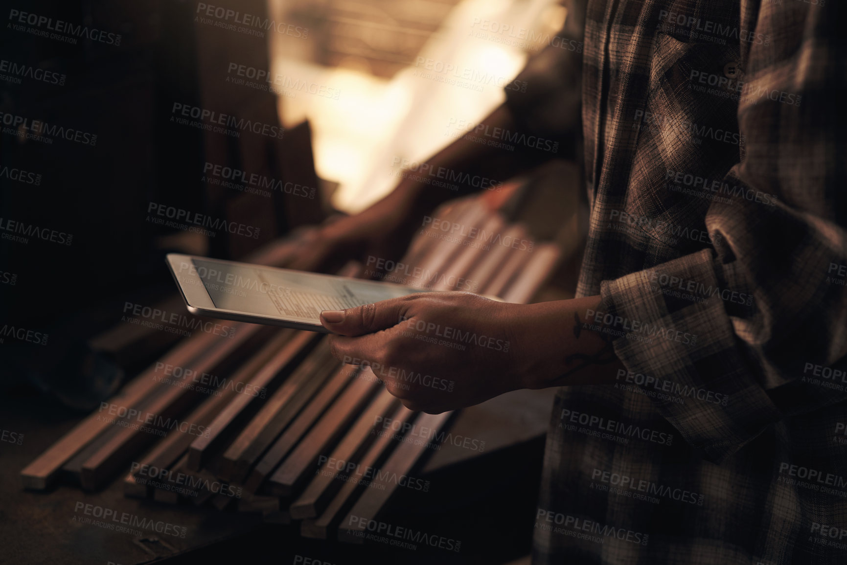 Buy stock photo Metal, factory and hands of person with tablet for quality control, process management and monitor production. Foundry workshop, worker and online for technical documentation and inventory tracking.