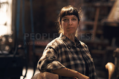 Buy stock photo Woman blacksmith, portrait and workshop for industry, trade or artisan job for entrepreneurship. Small business owner, female entrepreneur or confident in factory, industrial warehouse or metalwork