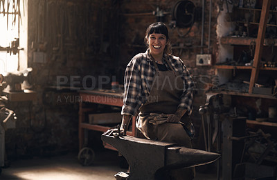 Buy stock photo Foundry, blacksmith and portrait of woman with tools for industry, manufacturing and manual labor. Industrial factory, welding and female person for steel, iron and metal production for craftsmanship