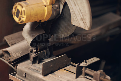 Buy stock photo Blacksmith tools, industry and table saw in foundry or workshop for mining, production or welding. Forge, manufacturing and metal work with steel in factory or plant for vintage craftsmanship