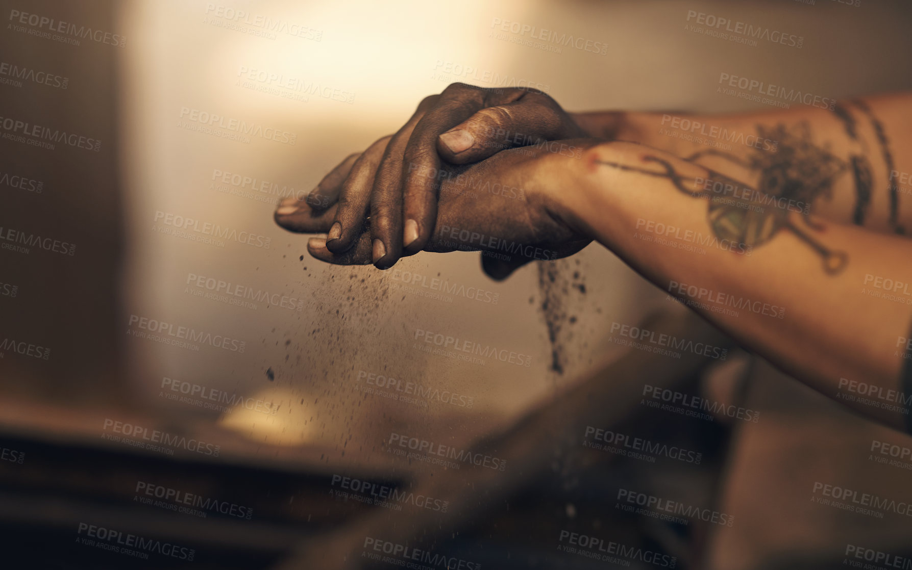 Buy stock photo Blacksmith, dirty hands and preparation in workshop for craft, forging or protection. Person, production or sand in metal industry for labor, project or artisanal creativity in foundry for startup