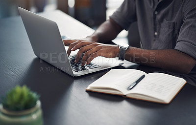 Buy stock photo Person, hands and laptop in office for business, planning and update work schedule. Man, typing and computer in workplace with journal, email contact and research for company ecommerce with notes