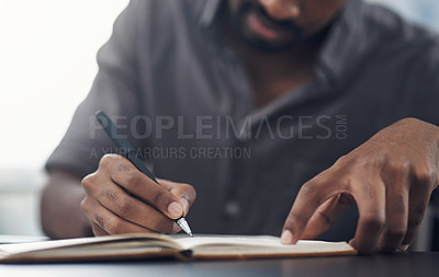 Buy stock photo Man, hands and writing in notebook for planning, update work schedule or pitch idea in office. Person, pen and journal in workplace for task reminder, company research notes or checklist for business