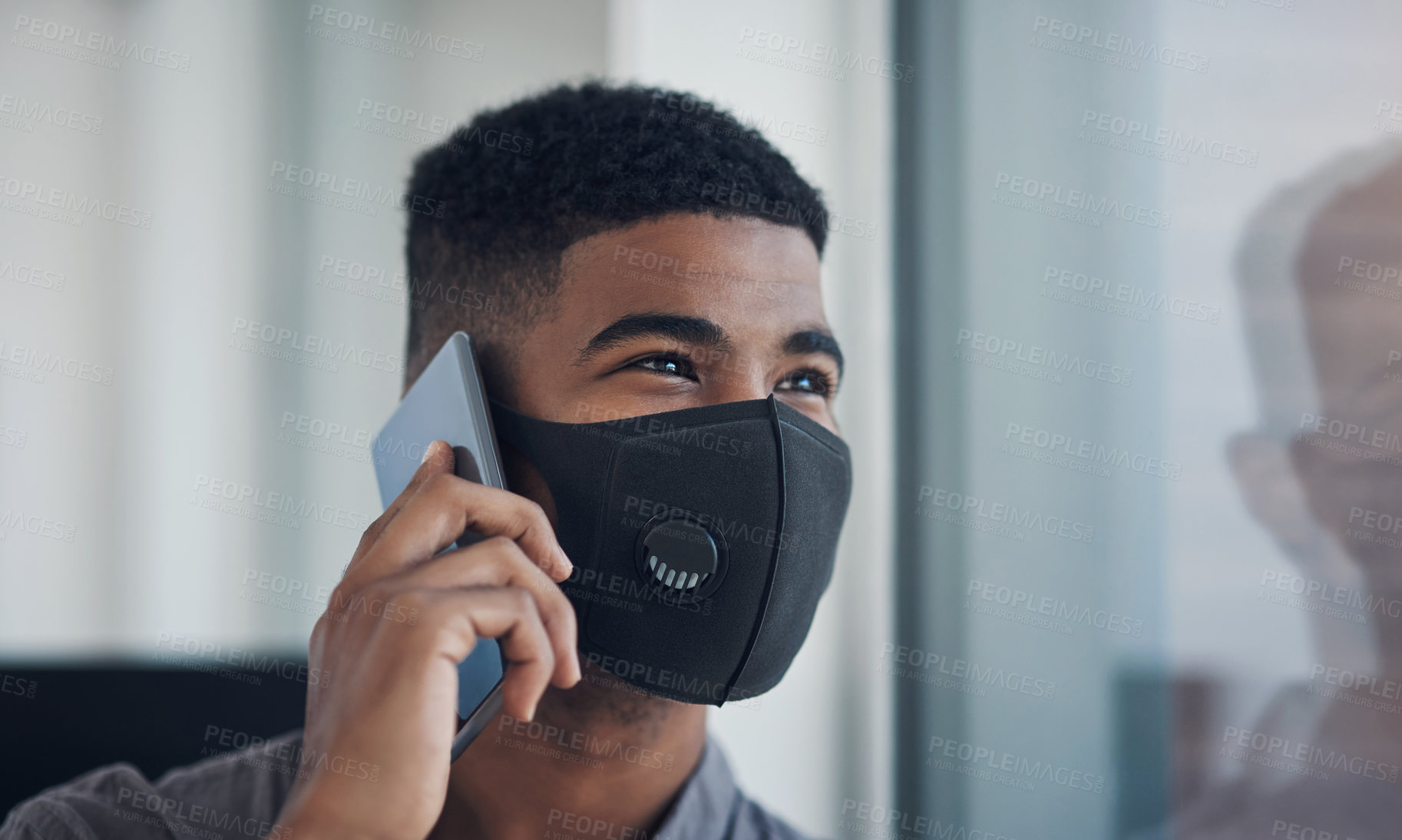 Buy stock photo Man, mask and phone call at window for business, contact and company update in pandemic. Person, thinking and mobile in office for communication, compliance advice and PPE rules for Covid 19 safety