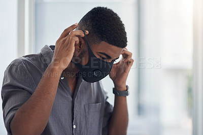 Buy stock photo Office, businessman and health with face mask for safety, wellness and protection against influenza. Awareness, worker and designer with cover to prevent virus, bacteria and compliance for pandemic