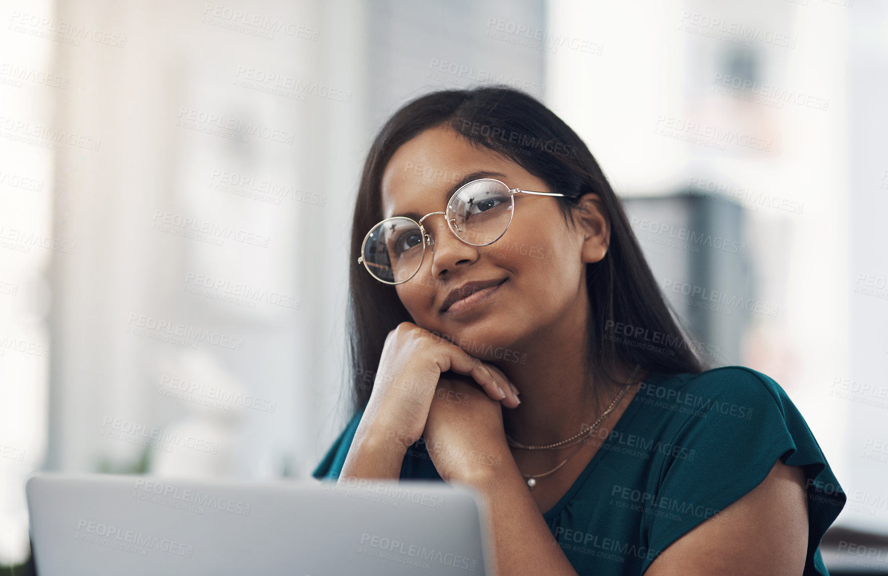 Buy stock photo Office, woman and glasses with laptop for thinking, online trending topic and planning for article. Publication, female person and journalist with smile for business blog, news story and copywriting