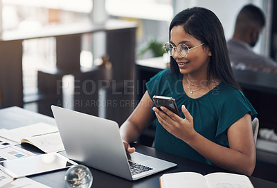 Buy stock photo Woman, laptop and phone for news in office, editing email and online for communication. Female person, message client and schedule project feedback on calendar app, website research and typing plan