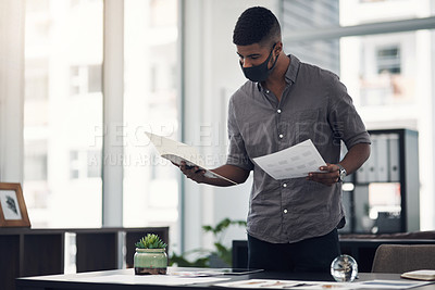 Buy stock photo Shot of a young designer wearing a face mask while going through paperwork in an office