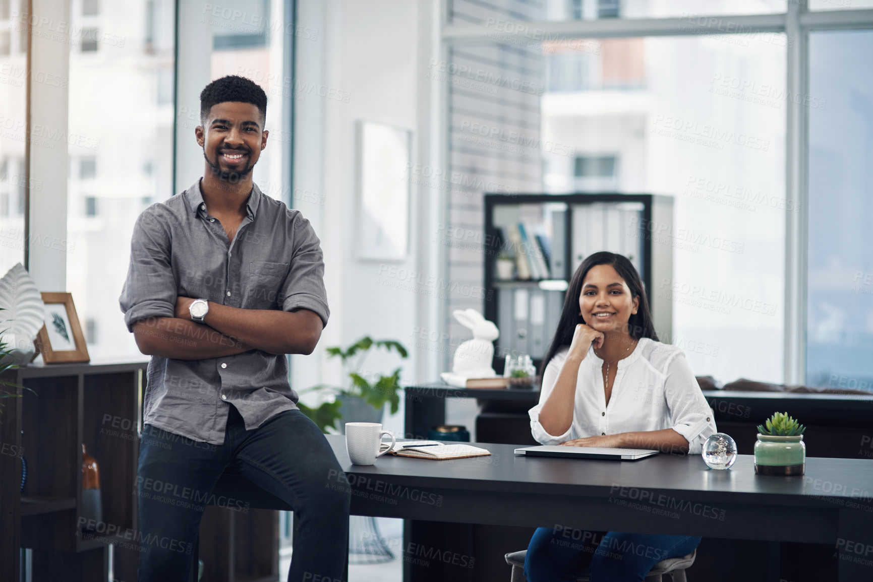 Buy stock photo Office, business people and man in portrait for about us, mission and pride for news publication. Team, female journalist and editor with arms crossed for creative agency, solidarity and male leader