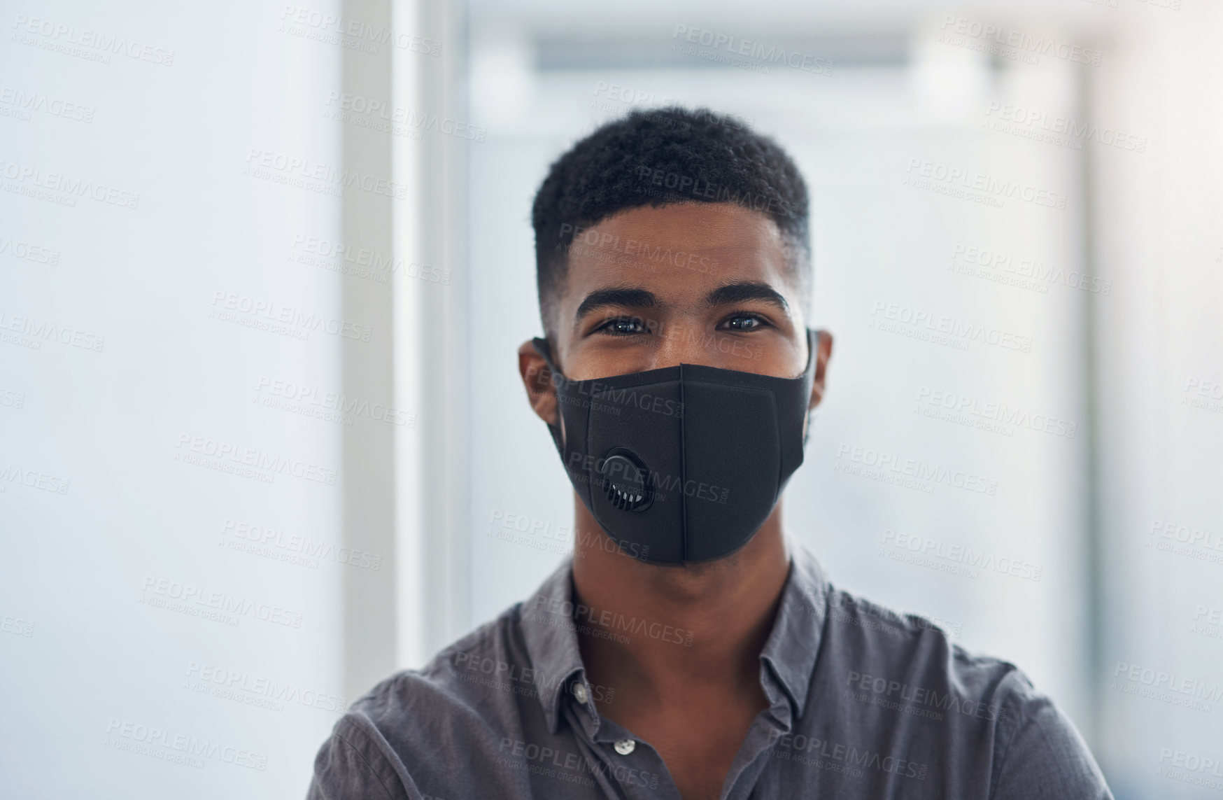 Buy stock photo Office, businessman and portrait with face mask for safety, wellness and protection against influenza. Awareness, worker and designer with cover to prevent virus, bacteria and compliance for pandemic