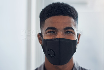 Buy stock photo Office, businessman and portrait with face mask for protection, wellness and safety against influenza. Awareness, worker and lawyer with cover to prevent virus, bacteria and compliance for pandemic