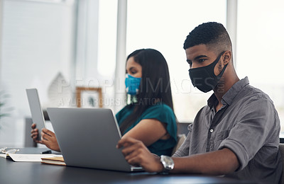 Buy stock photo Office, face mask and business people with laptop for research, review information and safety for virus. Design team, man and woman with tablet for digital tips, connection or protection for bacteria