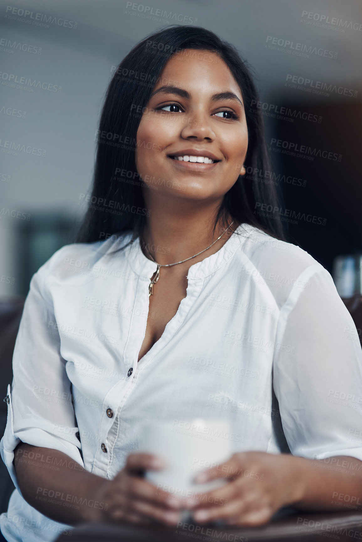 Buy stock photo Black woman, coffee and thinking on break in office, reporter dream and ponder opportunity. Female person, employee and cup of espresso for columns ideas in workplace, contemplating article and job