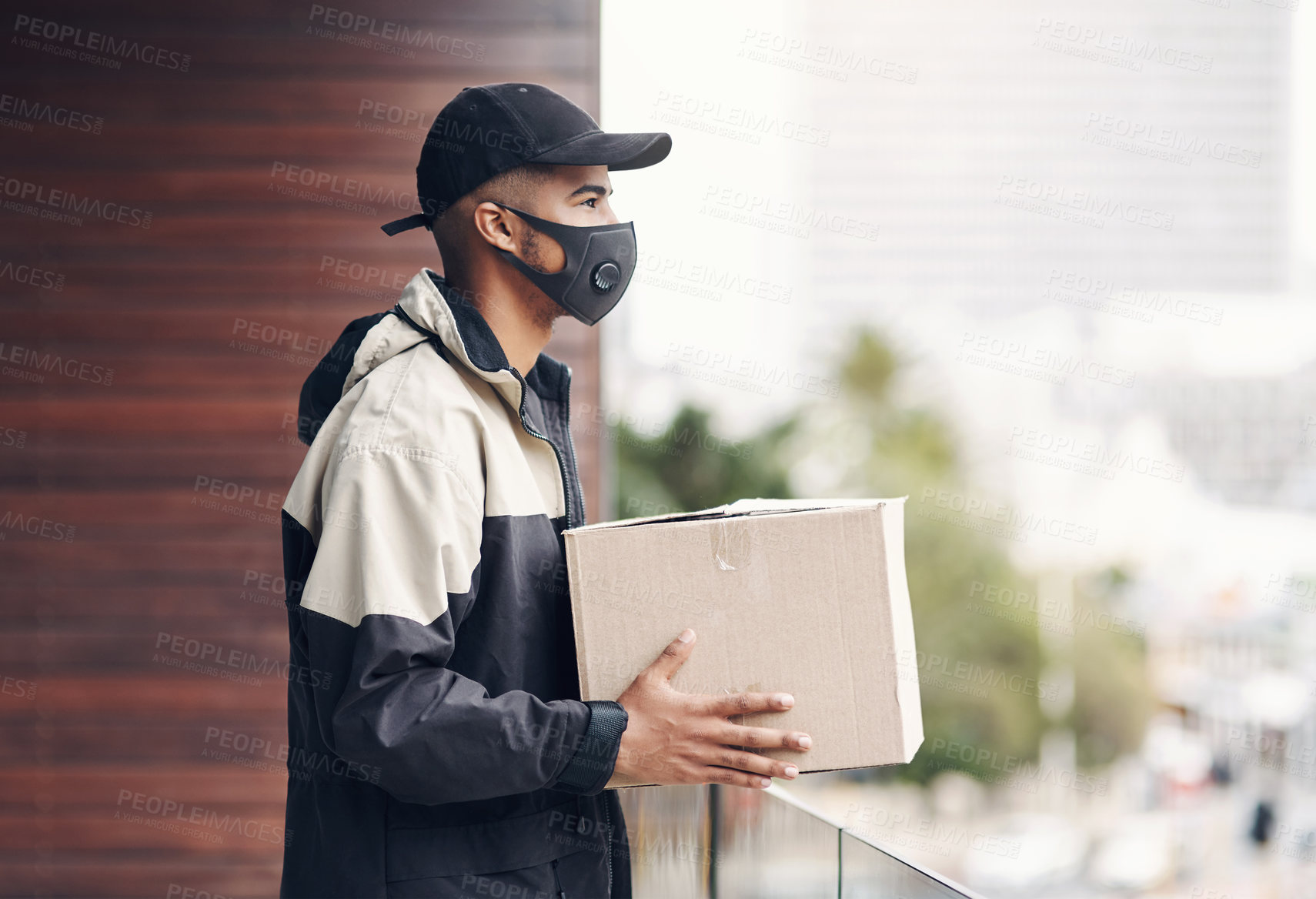 Buy stock photo Delivery man, face mask and package at house with courier service, online shopping and distribution compliance. Person, box and front door with product shipping, cargo regulations and commerce safety