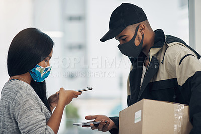 Buy stock photo Woman, delivery guy and face mask with phone of courier service, mobile payment and distribution compliance. People, package and online shopping with digital transaction, commerce safety and pos scan