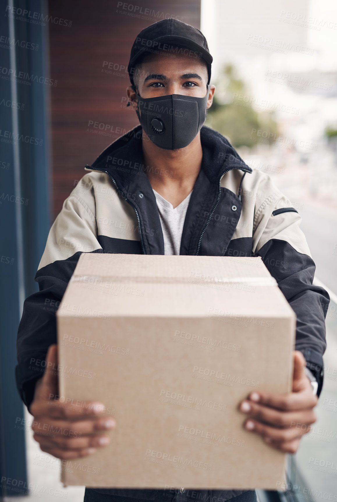 Buy stock photo Door, face mask and portrait of delivery man with box for online shopping order, courier service and shipping. Ecommerce, supply chain and person outdoors for package, parcel and cargo distribution