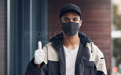 Buy stock photo Thumbs up, courier or man in home with mask, fast service or ecommerce product order. Portrait, okay or delivery worker with gloves for takeout safety, hand gesture and hygiene for online shopping