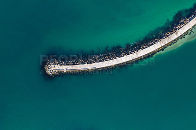 Buy stock photo Aerial, nature and sea with footbridge in ocean, bay walk and coastal seaside or pedestrian pathway in summer. Outdoor, ecosystem for marine life and habitat for biology, top view in Mauritius