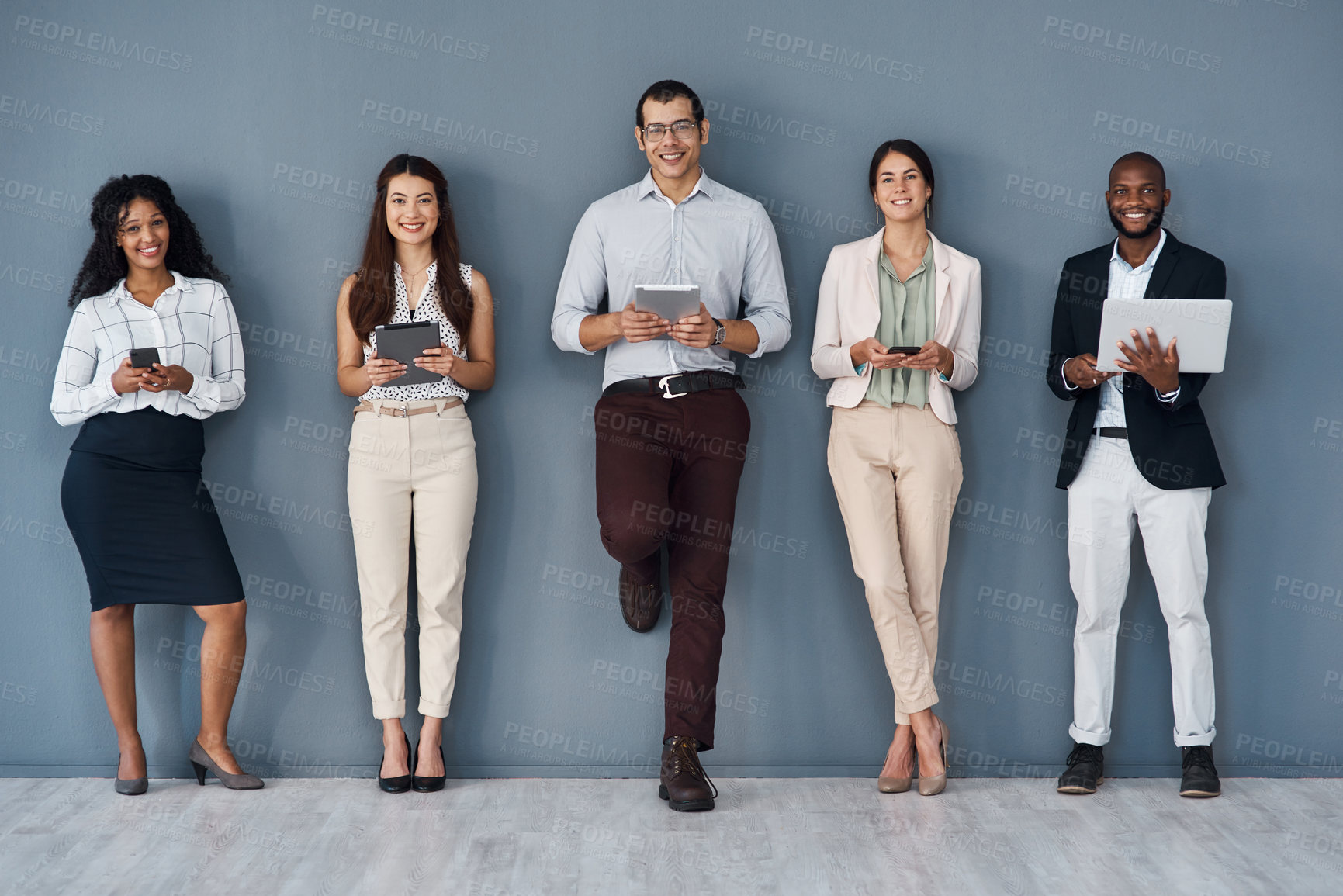 Buy stock photo Waiting room, technology and business people in portrait for recruitment, interview and patience in job row. Diversity, men and women as candidates with phone, laptop and tablet for hiring survey