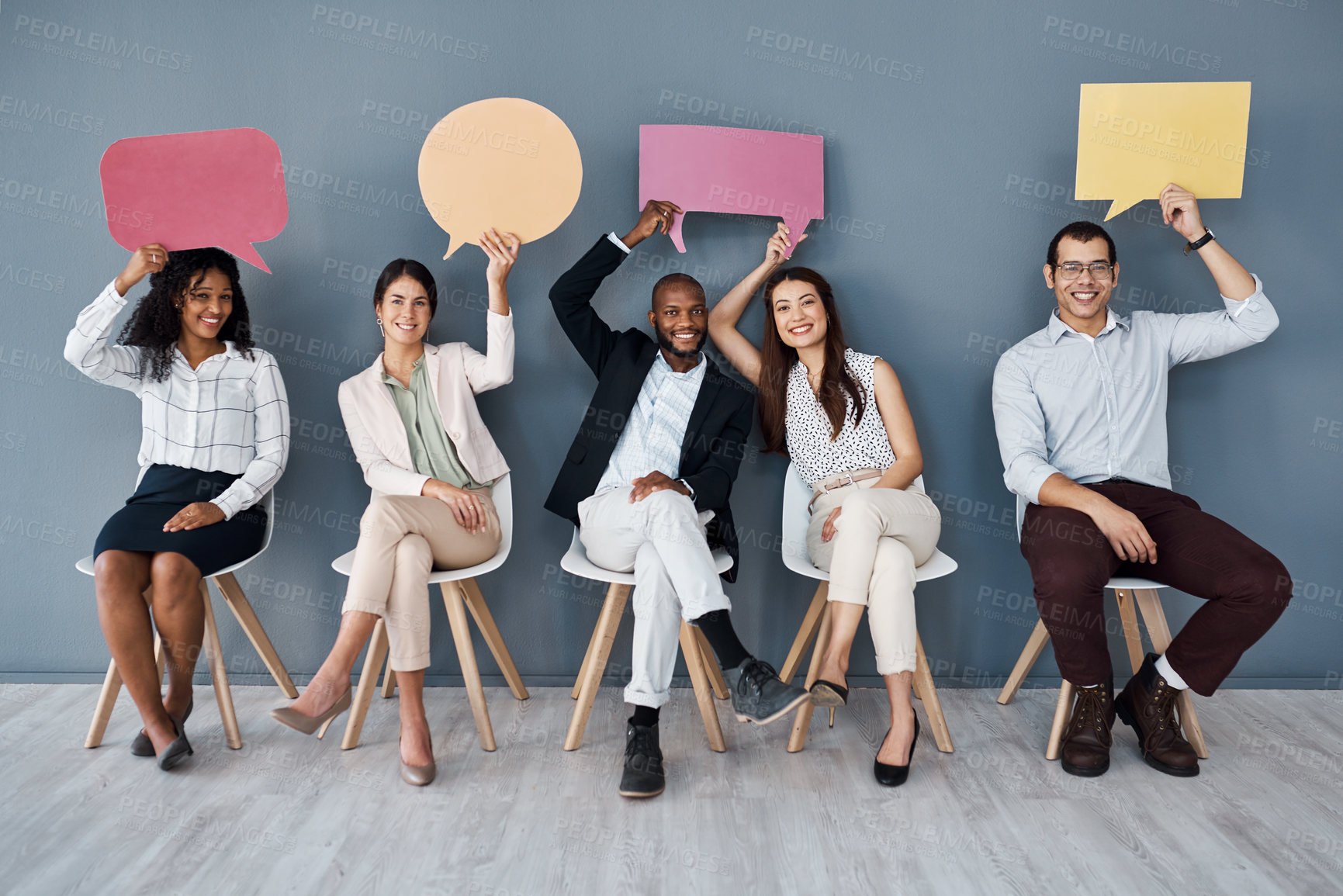 Buy stock photo Waiting room, team and business people in portrait with speech bubble, communication and feedback. Wall background, women and men with opinion for forum, recruitment and poster for hiring appointment