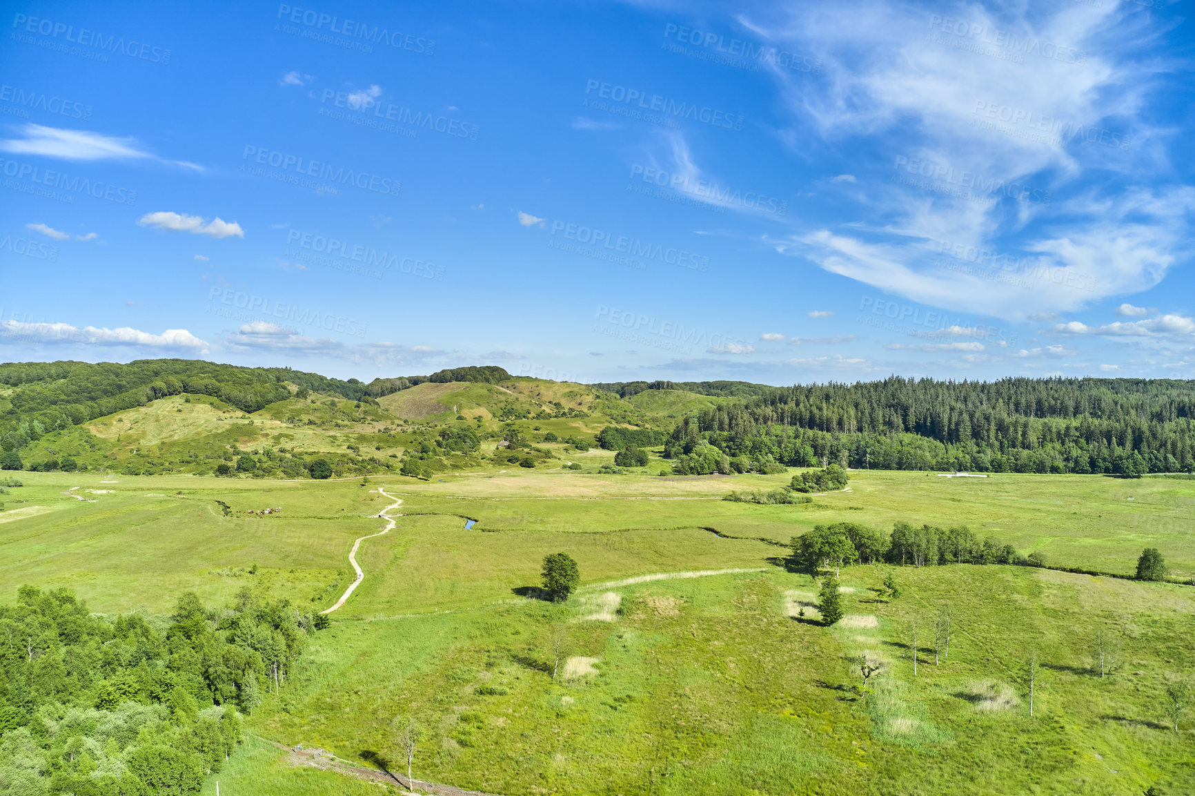 Buy stock photo Landscape of a countryside with a cloudy blue sky and copyspace. Wide drone view of green forestry and cultivated grassland. Beautiful landscape of flat land surrounded by forest trees with copyspace