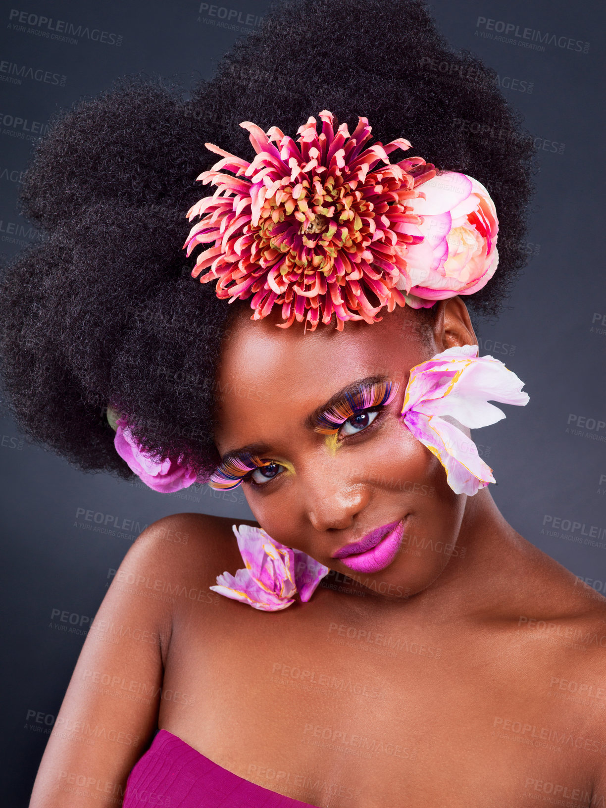 Buy stock photo Beauty, flowers and portrait of afro black woman in studio on dark background for natural cosmetics. Face, makeup or skincare and young model with protea in hair for aesthetic wellness at spa