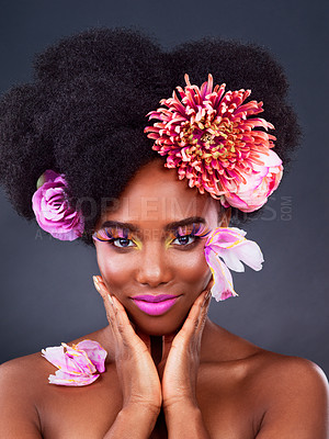 Buy stock photo Makeup, flowers and art with portrait of black woman in studio for beauty, creative or spring. Natural, cosmetics and floral with model isolated on gray background for color, self love or confidence