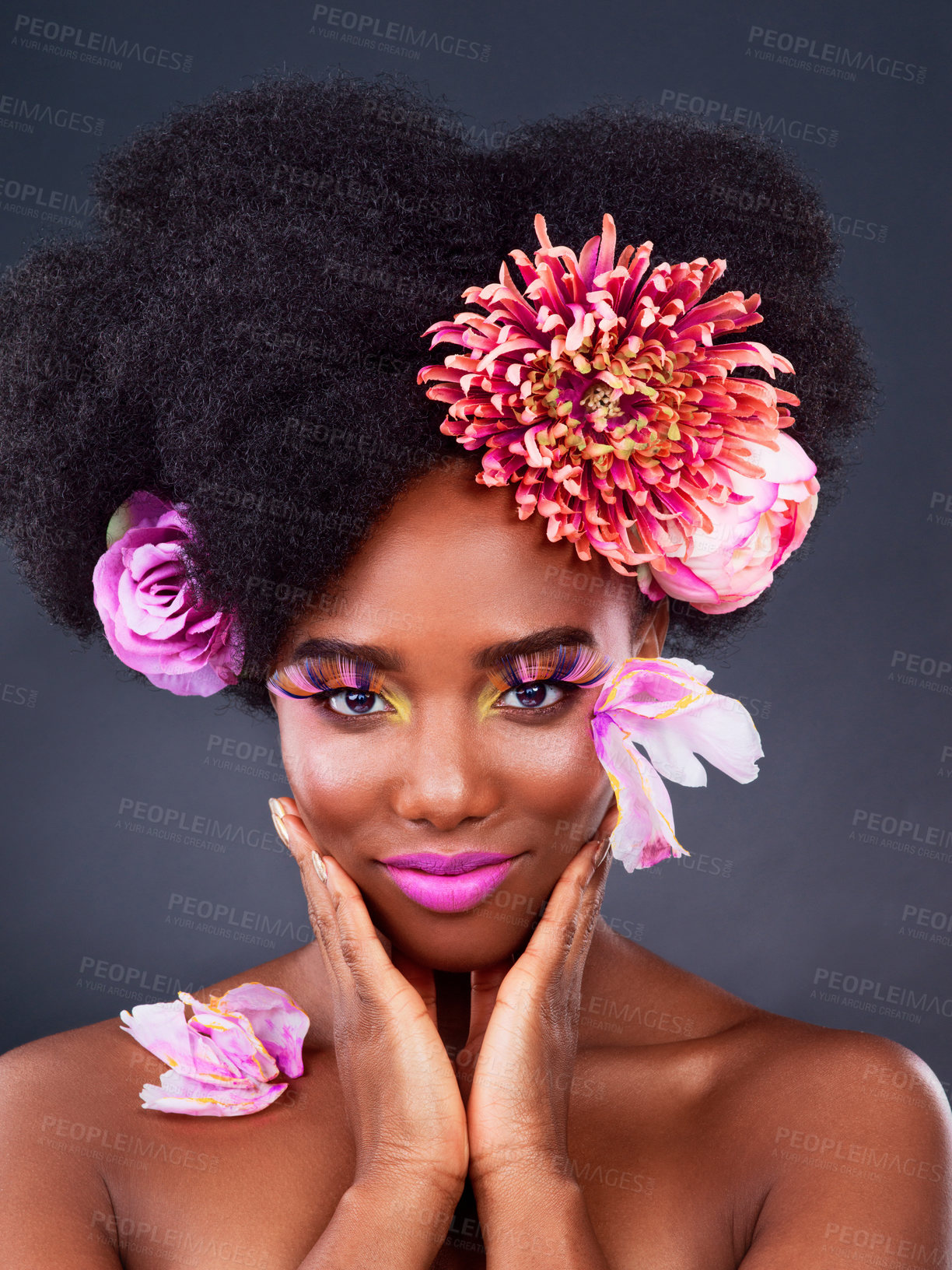 Buy stock photo Makeup, flowers and art with portrait of black woman in studio for beauty, creative or spring. Natural, cosmetics and floral with model isolated on gray background for color, self love or confidence