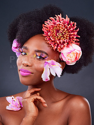 Buy stock photo Makeup, flowers and smile with portrait of black woman for beauty, creative and spring. Natural, cosmetics and floral with face of model isolated on studio background for art, self love or confidence