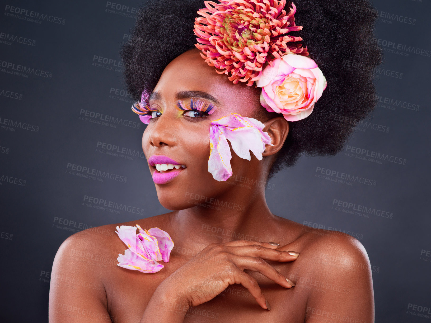 Buy stock photo Makeup, flowers and beauty with portrait of black woman for beauty, creative and spring. Natural, cosmetics and floral with model isolated on studio background for art, self love or confidence