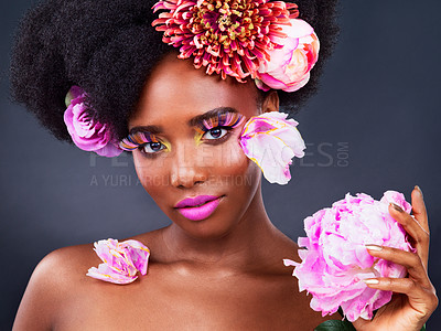 Buy stock photo Makeup, flowers and hair with portrait of black woman for beauty, creative or spring. Natural, cosmetics and floral with face of model isolated on studio background for art, self love or confidence