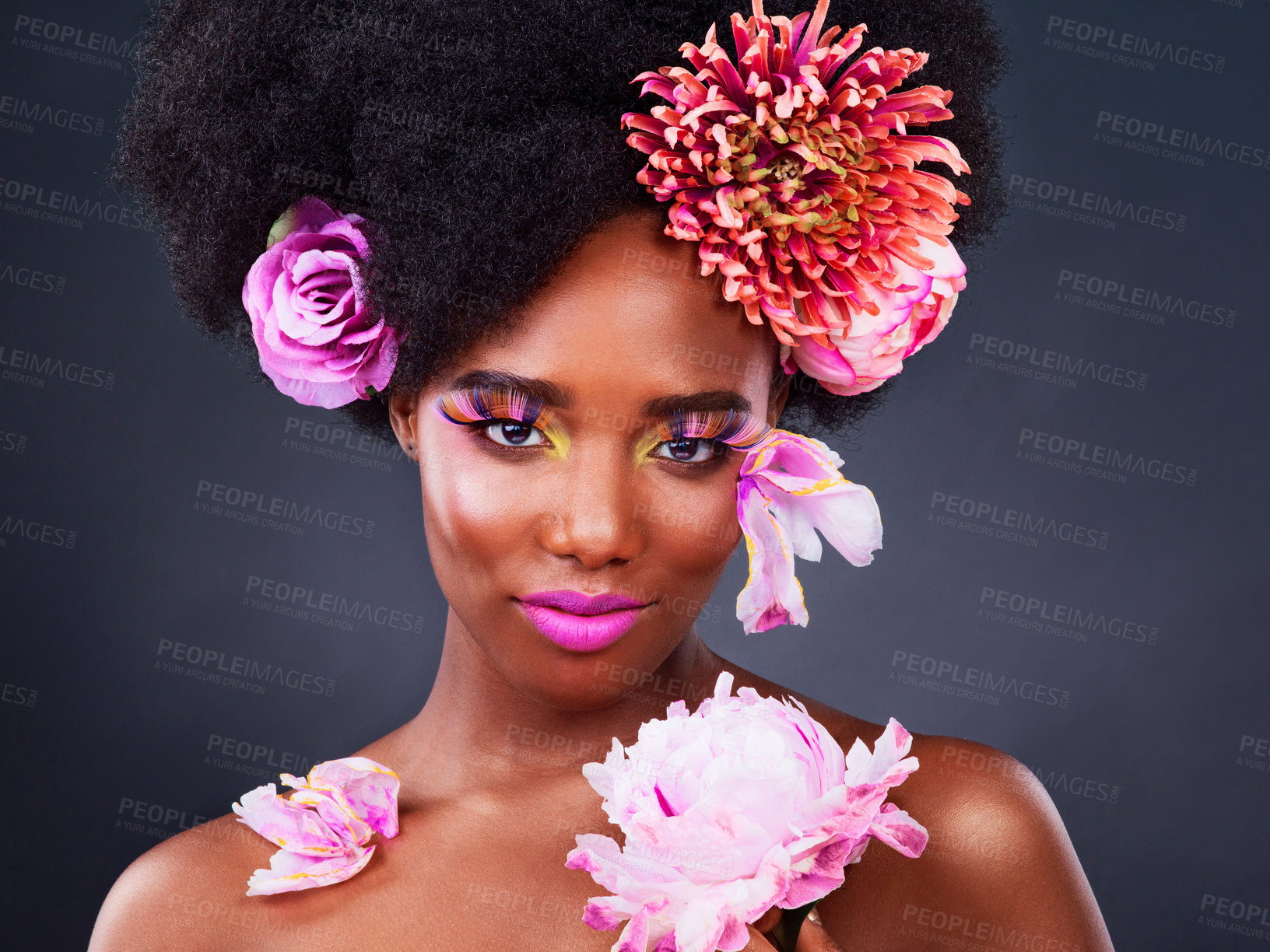 Buy stock photo Beauty, flowers and portrait of black woman in studio for makeup, creative and spring. Natural, cosmetics and floral with face of model isolated on background for art, self love or confidence