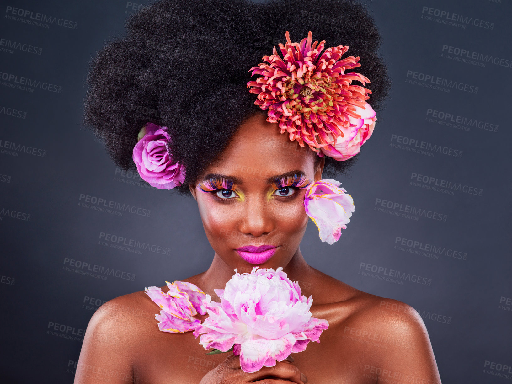 Buy stock photo Makeup, flowers and spring with portrait of black woman for beauty, art and creative. Natural, cosmetics and floral with african model isolated on studio background for color, self love or confidence