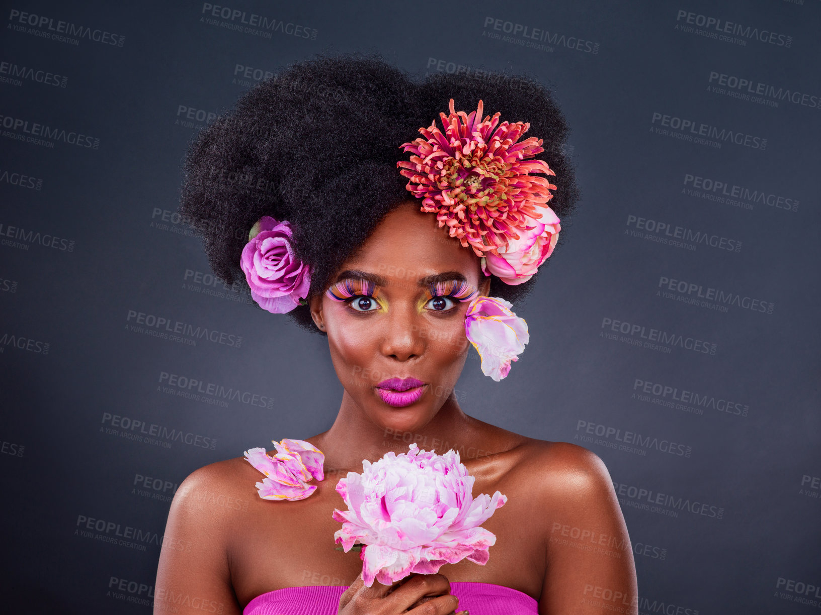 Buy stock photo Beauty, flowers and hair with portrait of black woman in studio on dark background for natural cosmetics. Face, makeup or skincare and young afro model with protea plant for aesthetic wellness at spa