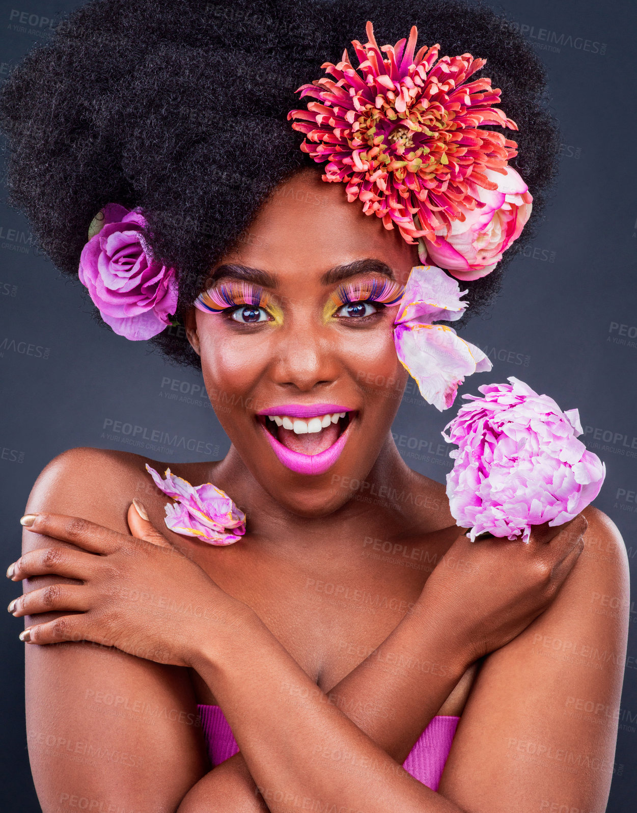 Buy stock photo Beauty, flowers and wow with portrait of black woman in studio on dark background for natural cosmetics. Afro, face or surprise and afro young model with protea in hair for aesthetic wellness at spa