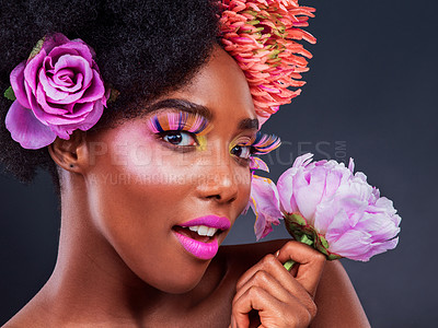Buy stock photo Beauty, flower and portrait of afro black woman in studio on dark background for natural cosmetics. Face, makeup or perfect skin and young model with protea in hair for aesthetic wellness at spa
