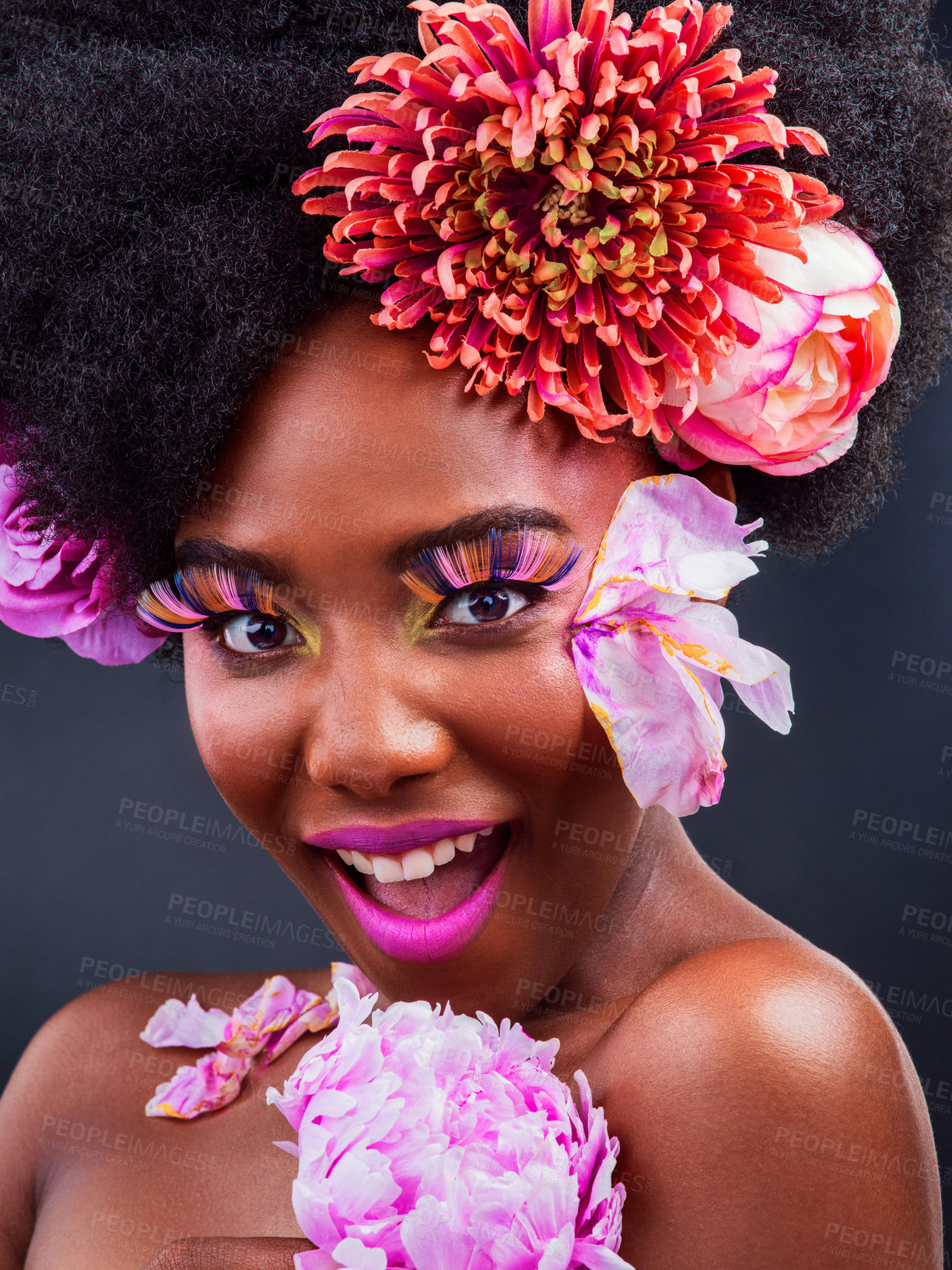 Buy stock photo Beauty, flowers and surprise with portrait of black woman in studio on dark background for natural cosmetics. Afro, face or wow and happy young model with protea in hair for aesthetic wellness at spa