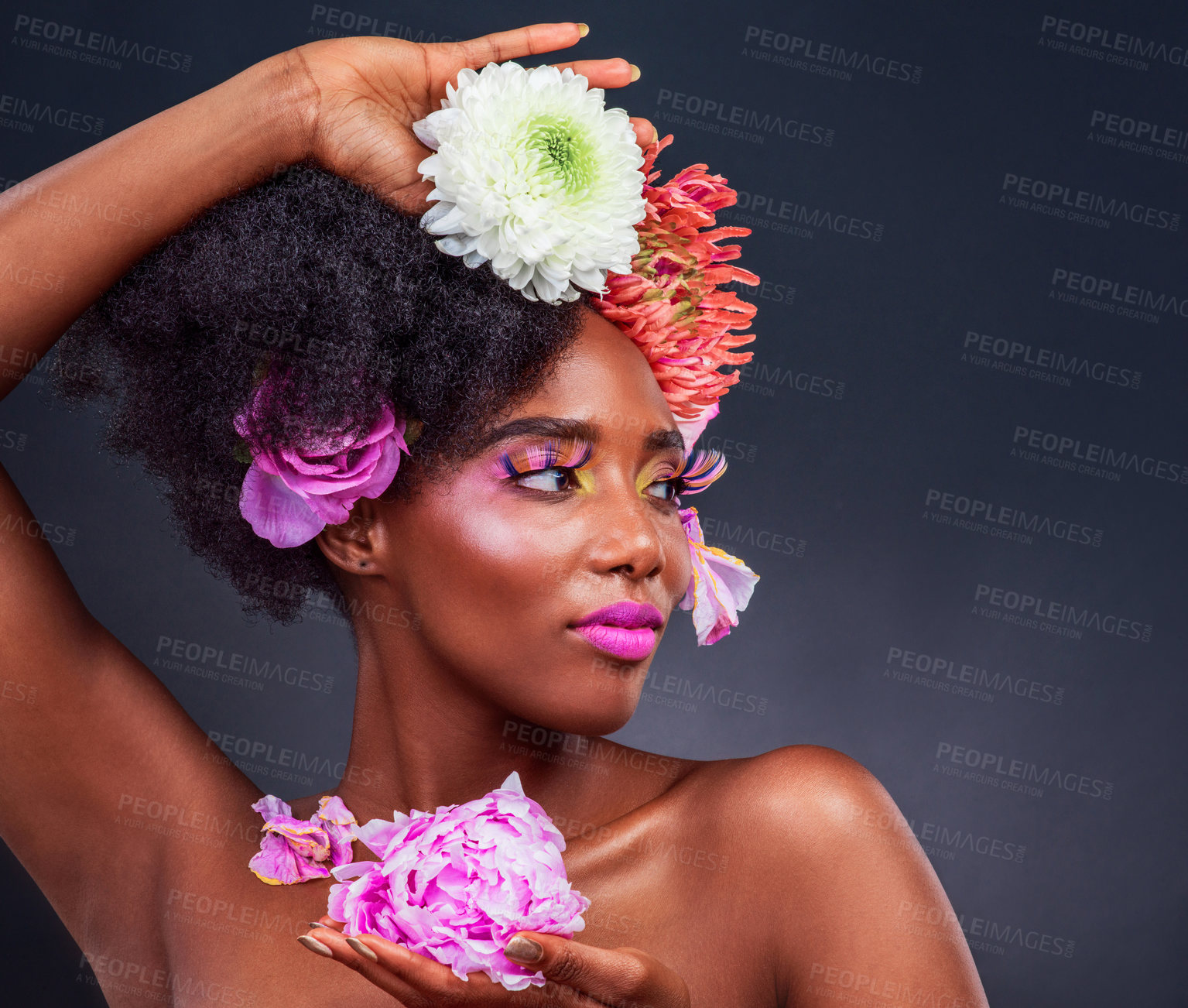Buy stock photo Black girl, flowers or thinking of organic, beauty or proud of afro, spring or wellness in studio. African woman, glow or lash aesthetic as idea, fun or vision of colorful makeup on grey background