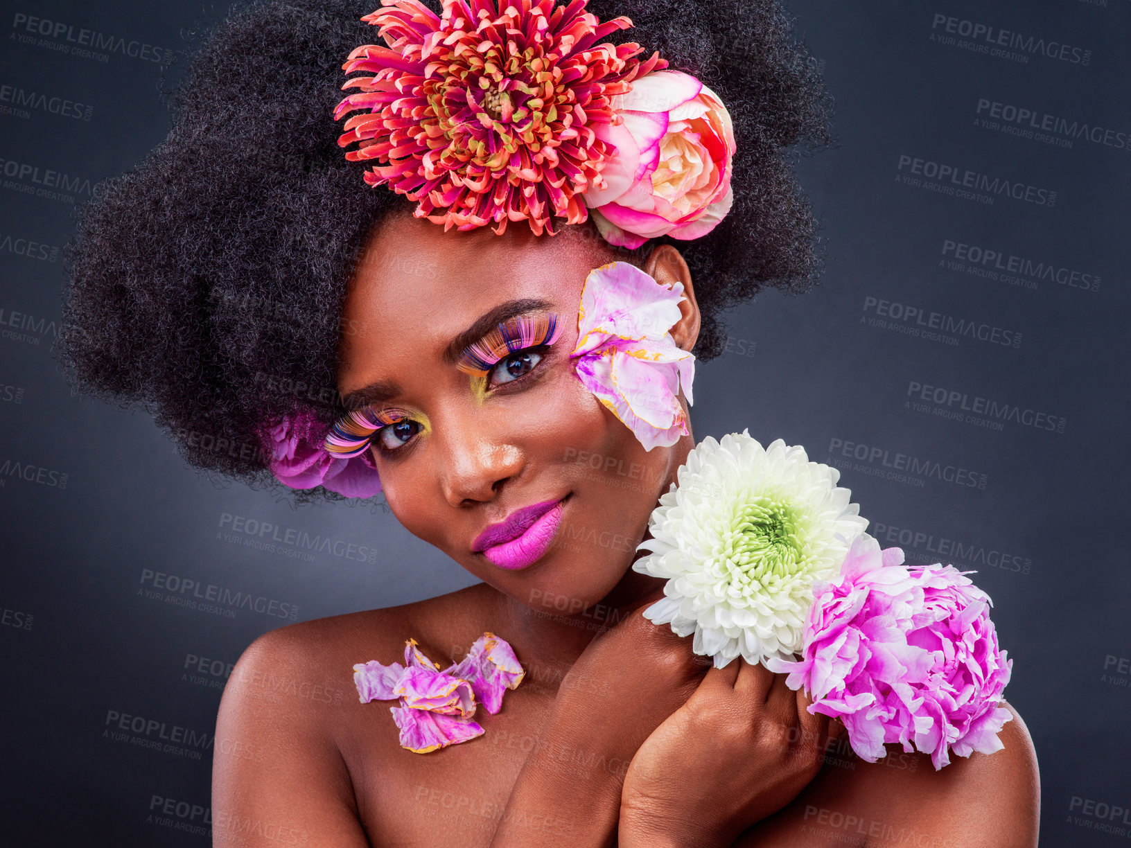 Buy stock photo Flowers, lashes and portrait of afro black woman in studio on dark background for natural cosmetics. Beauty, face or skincare and young model with protea in hair for aesthetic wellness at spa