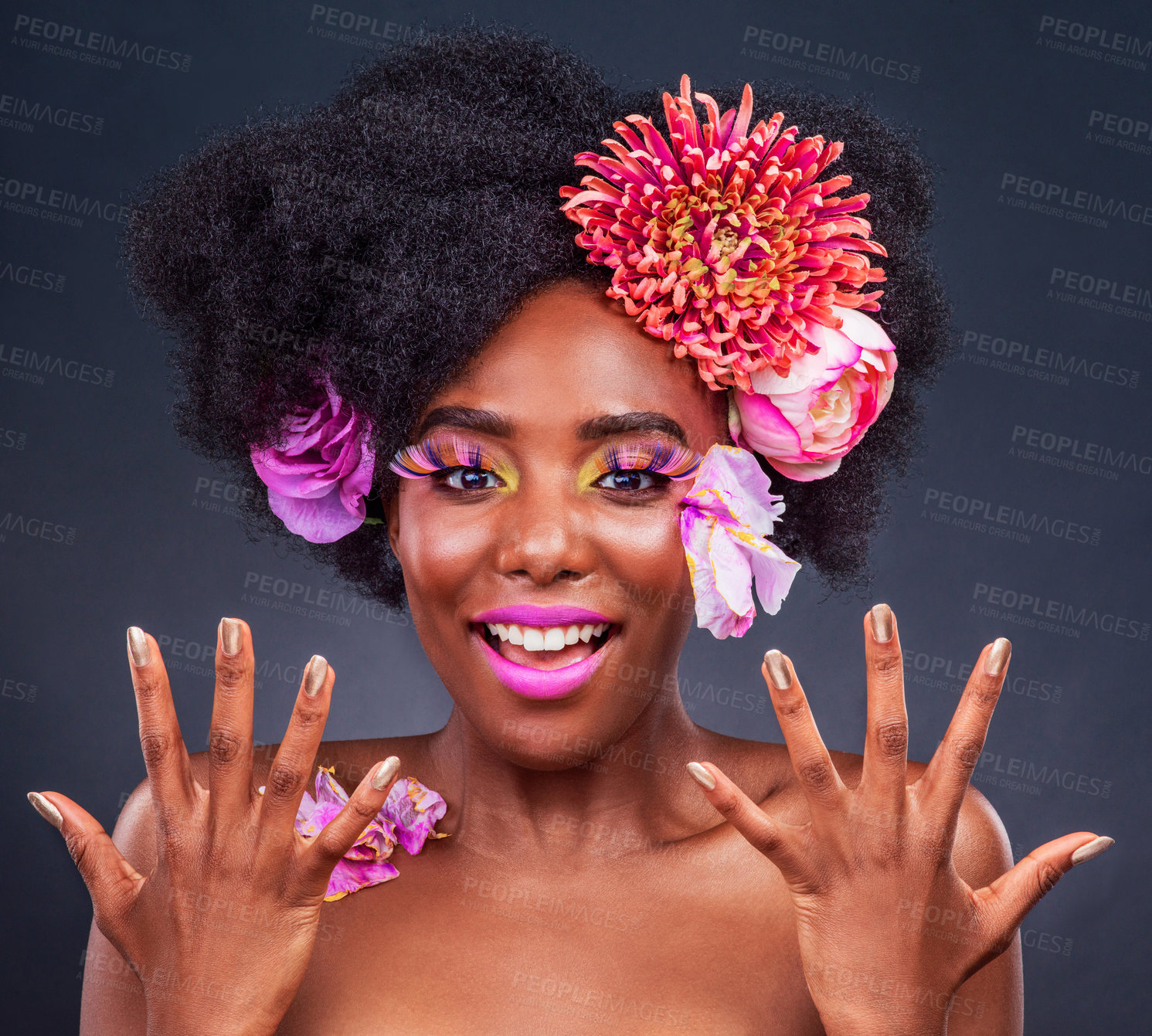 Buy stock photo Flowers, manicure and portrait of afro black woman in studio on dark background for natural cosmetics. Face, hands or makeup and young model with protea in hair for aesthetic wellness at spa